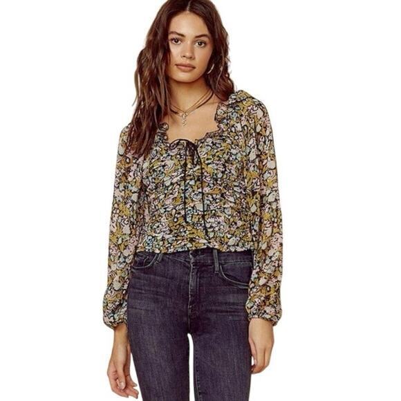 Free People Medium Mabel Balloon Sleeve Ruched Cropped Top Peasant Blouse Floral - Picture 3 of 15